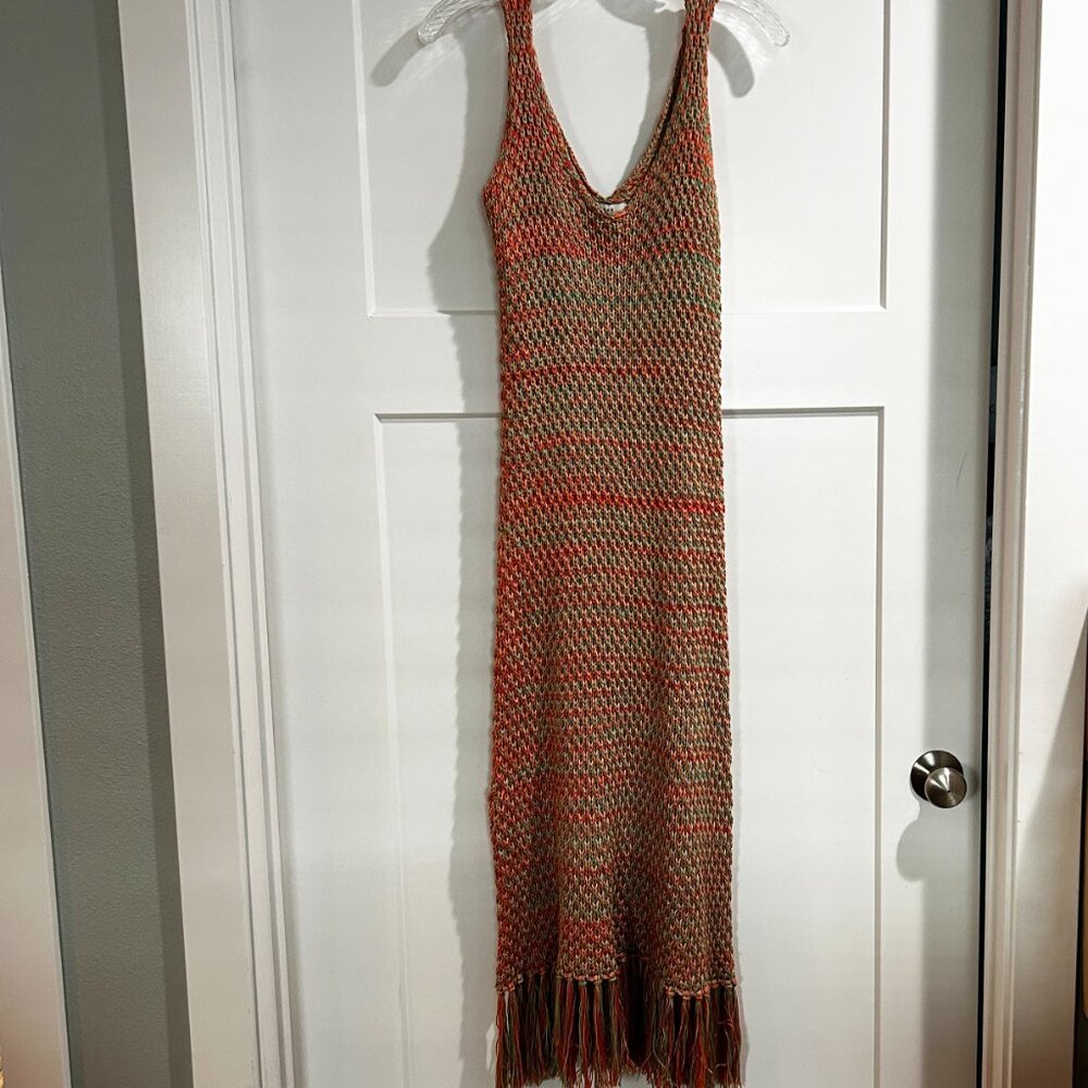 Brand New Multicolor Stretchy Knit Dress with Fringed Hem
